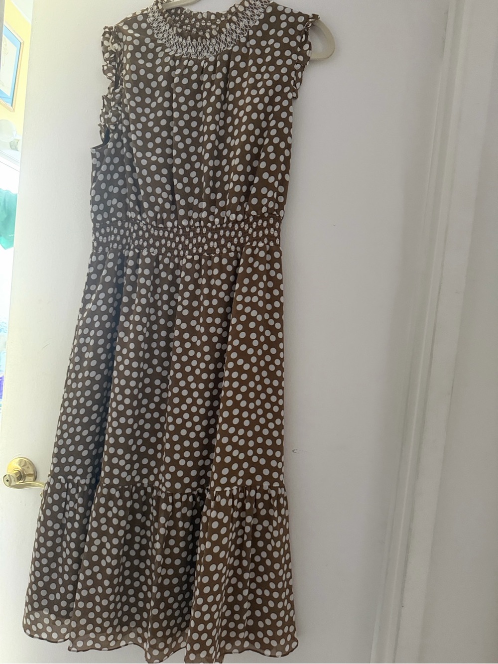 J. Crew Brown and White Polka Dot Midi Dress with Smocked Neck